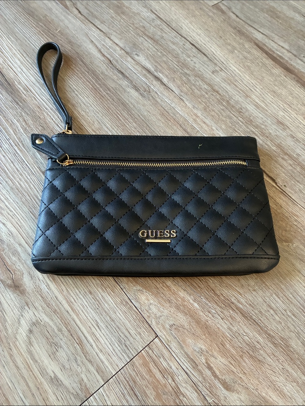 GUESS Black Quilted Wristlet Clutch with Gold Hardware